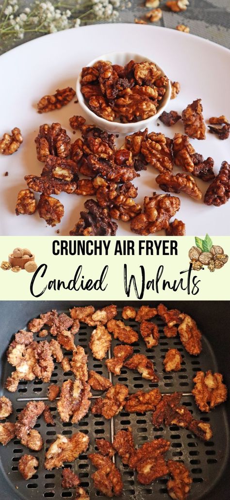 Air Fryer Candied  Walnuts Spiced Walnuts Recipe, Candied Nuts Recipe, Roasted Nuts Recipe, Candied Walnut Recipe, Recipe For Air Fryer, Spiced Walnuts, Glazed Walnuts, Walnut Recipes, Roasted Walnuts