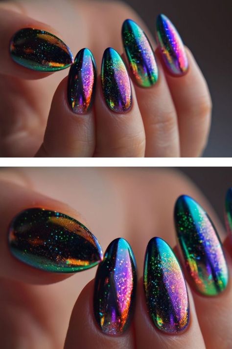 Kaleidoscope Nails, Iridescent Nail Designs, Iridescent Chrome Nails, Rainbow Chrome Nails, Round Nail Designs, Chrome Nail Designs, Rainbow Chrome, Opal Nails, Negative Space Nails