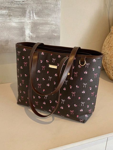 Spring And Summer New Floral Pattern PU Tote Bag, Waterproof Design, Fashionable Large-Capacity Shoulder Bag, Work Commuter Bag, Suitable For Daily Use By Womenschool Tote Bag,School Bookbag,Portable,Foldable,Business Casual, Suitable For Teen Girls Women College Students,Teacher,Rookies & White-Collar WorkersCollege,Vacation,Beach,Holiday,Shopping Coffee Brown Casual,Fashionable   Pu Letter,Plants,All Over Print,Textured Pattern Shoulder Tote Bag   Women Bags, size features are:Bust: ,Length: ,Sleeve Length: Cute Bags For School, Tote Bags For School, School Tote, Sixth Form, Back To School Backpacks, Fashion Tote Bag, Bag School, Commuter Bag, Bow Pattern