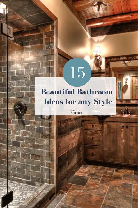 Bathrooms don't have to be plain and boring. There's more inspiration out there than ever before when it comes to making powder rooms, master bathrooms, and smaller half-baths go beyond your typical sink, toilet, and shower. Work with the natural colors of nature by using natural stone and reclaimed wood. The modern faucets in the shower and sink bring a fashionable contrast to the warm, rustic style of this bathroom. #bathroomideas #bathroominspiration #rusticbathroom Natural Stone Bathroom Floor, Clean White Bathroom, Beautiful Bathroom Ideas, Rustic Master Bath, Latest Bathroom Tiles, Stone Floor Bathroom, Brown Tile Bathroom, Rustic Bathroom Shower, Stone Tile Bathroom