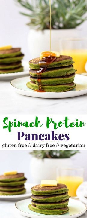 Start your day with protein and veggies in these Spinach Protein Pancakes! A fun way to add some greens while keeping them gluten free, dairy free, and vegetarian - Eat the Gains Gluten Free Protein Pancakes, Green Pancakes, Spinach Pancakes, Healthy Pancake Recipes, Gluten Free Pancakes, Pancakes Healthy, Protein Pancakes, Vegetarian Recipes Healthy, Healthy Vegetarian