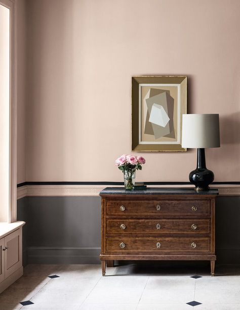 Warm Neutral Paint Colors, Pink Painted Walls, Two Tone Walls, Hallway Paint, Murs Roses, Pink Paint Colors, Hallway Colours, Paint And Paper Library, Dado Rail