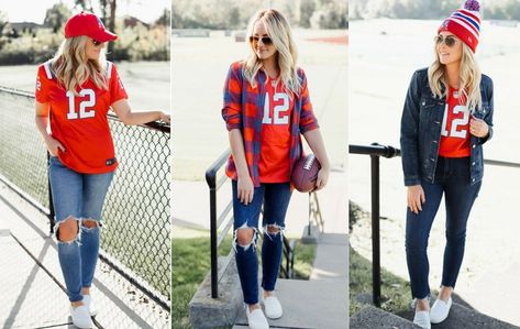 Super Bowl Outfit Ideas! 3 Ways To Style A Jersey. What to wear to a Super Bowl Party. How to wear a jersey. Womens Jersey Outfit, Jersey Party Outfit, Superbowl Party Outfit, Super Bowl Outfit, Neon Prom Dresses, Football Jersey Outfit, Outfits Con Jeans, Outfit 2020, Game Outfit