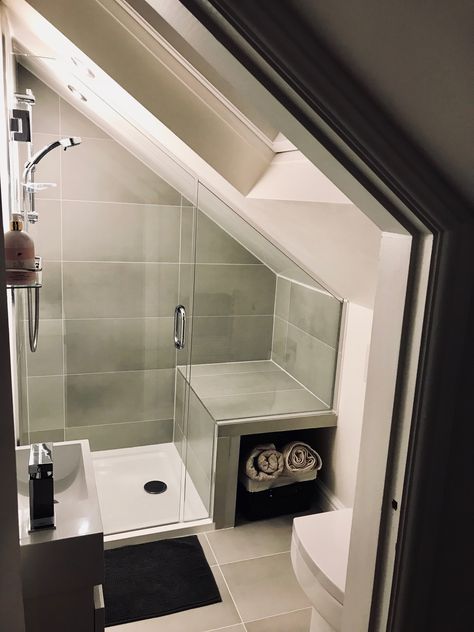 Small loft bathroom conversion Small Loft Bathroom, Bathroom Conversion, Attic Shower, Attic Bathroom Ideas, Small Attic Bathroom, Loft Conversion Bedroom, Attic Loft, Slanted Ceiling, Small Attic