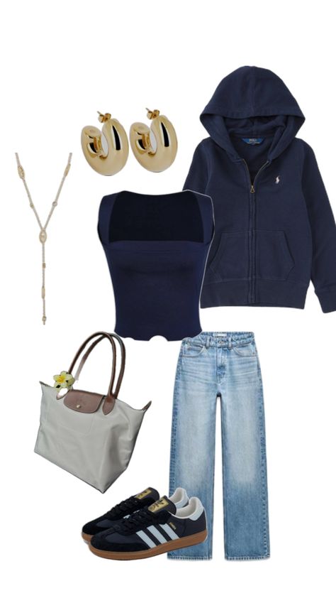 Haut bleu marine , jean bleu , veste bleu marine Ralph Lauren, samba bleu marine , bijoux dorés , sac bleu longchamps Inspi Outfit, Marine Outfit, Outfit Jeans, Jean Outfits, Outfit Of The Day, Ralph Lauren, Outfit Inspo, Denim Outfits