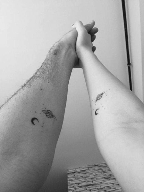 Matching Saturn Tattoo, Matching Tattoos Planets, Mini Tattoo Couple, Moon Tattoo For Couples, Matching Moon Tattoos Couple, Love You To Moon And To Saturn Tattoo, Love You To Moon And Back Tattoo, Moon And Saturn Matching Tattoo, Moon To Saturn Tattoo