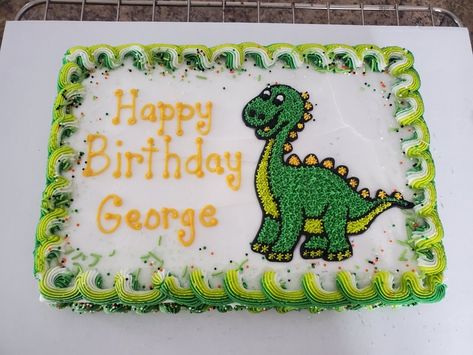 1/4 sheet cake with buttercream frosting Dinosaur Cake Flat Sheet, Dinosaur Themed Sheet Cake, Three Rex Birthday Sheet Cake, Sheet Cake Dinosaur Theme, Dinosaur Cake Sheet, Dino Sheet Cake, Dinosaur Sheet Cake Ideas, Dinosaur Sheet Cake, Dinosaur Cakes For Boys