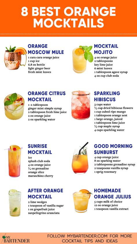 Orange Mocktails Orange Mocktail Recipes, Orange Mocktail, Mocktail Drinks, Moscow Mules, Alcohol Free Drinks, Mocktail Recipes, Orange Drinks, Drink Recipes Nonalcoholic, Refreshing Drinks Recipes