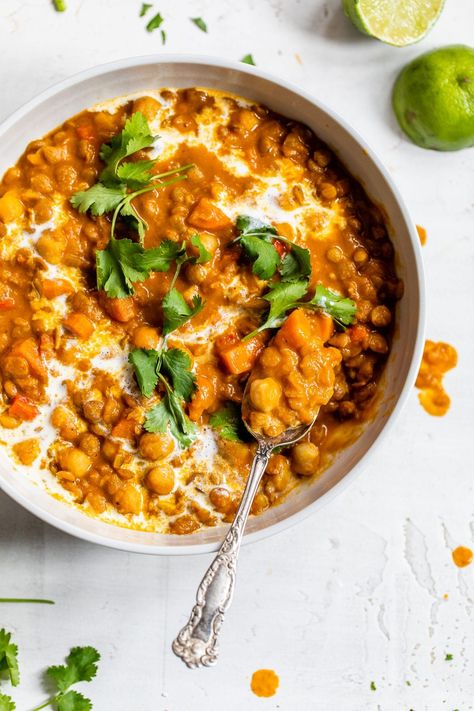 This easy Chickpea Lentil Curry takes around 45 minutes to make, is vegan-friendly and full of delicious Indian flavors. Lentils And Chickpeas, Healthy Chickpea Curry, Lentils And Chickpeas Recipes, Lentil And Chickpea Curry, Chickpea And Lentil Recipes, Lentil Chickpea Curry, Chickpea Lentil Curry, Chickpea Lentil, Vegan Tikka Masala