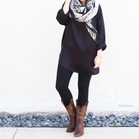 Black Leggings Cowboy Boots Outfit, Business Casual Cowboy Boots Women, Western Boots And Leggings Outfits, Black Leggings And Cowboy Boots Outfit, Cowboy Boot Work Outfit, Dresses With Western Boots, Brown Cowboy Boots Outfit Winter, Black Dress With Cowboy Boots, Cowgirl Boots Outfit Winter