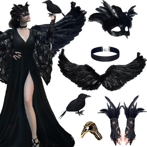 PRICES MAY VARY. Halloween Party Costumes: you will receive a realistic black feather wing, a crow bird model decor, a pair of long feather cuffs, a black necklace, a crow mask and a crow skull viking ring, a total of 6 pieces; These costume accessories are made from quality materials, exquisite and soft, comfortable to wear Halloween Themed Design: this crow skull ring and crow mask instantly enhance your overall charisma; The single side feather wing does not cover the details of your black ne Gothic Costumes For Women, Unseelie Fae Costume, Womens Raven Costume, Glam Reaper Costume, Womens Crow Costume, Raven Bird Halloween Costume, Gothic Halloween Costumes Women, Sorority Costumes Halloween, Realistic Witch Costume