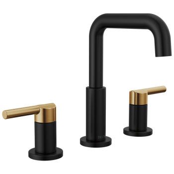 Delta Nicoli, Delta Faucets Bathroom, Gold Bathroom Faucet, Black And Gold Bathroom, Touchless Faucet, Waterfall Faucet, Widespread Bathroom Faucet, Gold Bathroom, Delta Faucets