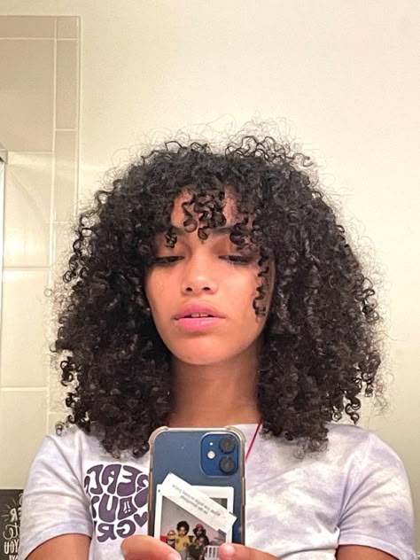 Curtain Bangs Curly Hair Black Women, Coily Hair Haircut, Oval Shape Curly Haircut, Bangs On 3b Curly Hair, 3b Short Curly Hair Bangs, Layered Curly Hair Round Face, Curly Haircuts Medium With Bangs, Layered Coily Hair, Coily Hair Short