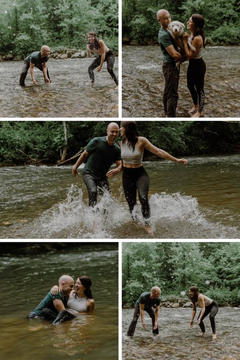 Asheville Engagement Session in the River.  Splashing around and having fun! Muddy Couples Photoshoot, River Photoshoot Ideas Couple Photos, River Family Pictures, River Family Photos, River Couples Photoshoot, Family River Photoshoot, Couple River Photoshoot, Engagement Photos River, Creek Couples Photoshoot