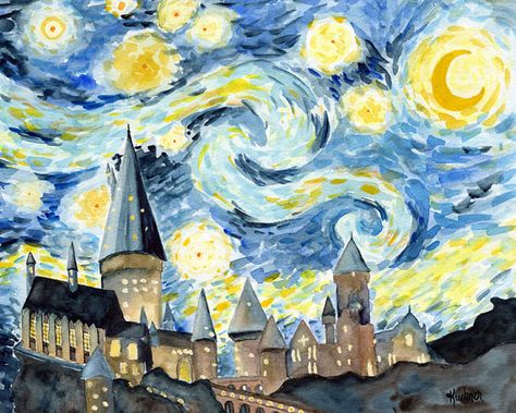 Hogwarts Starry Night Art Print harry potter by MenagerieMagique Magical Castle, Starry Night Art, Art Harry Potter, Magic Castle, Hogwarts Castle, The Starry Night, Starry Night Van Gogh, Potter Art, Cross Paintings