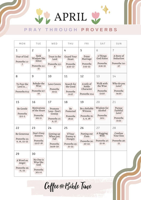 Enjoy our FREE April Prayer calendar through the book of Proverbs. Use this calendar for prayer journaling, Bible journaling inspiration, and more! Bible Study Calendar, Bible Journaling Inspiration, Coffee And Bible Time, Reading Calendar, Coffee And Bible, Prayer Calendar, Study Calendar, Jesus Journal, Spiritual Ideas