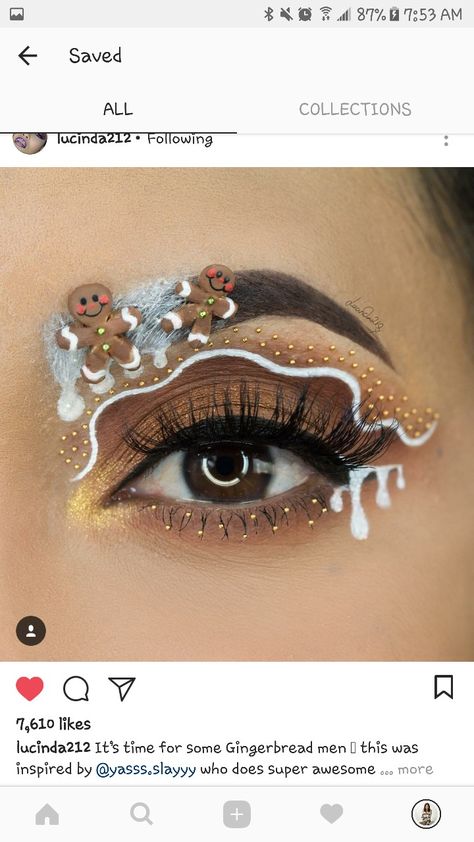 Gingerbread Eye Makeup, Christmas Looks Makeup, Whoville Makeup Ideas, Christmas Eyebrows, Gingerbread Makeup Look, Easy Christmas Eyeshadow Looks, Christmas Make Up Looks, Christmas Makeup Ideas Holiday, Christmas Day Makeup