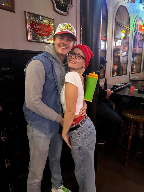 Halloweekend Costumes Couples, Diy Matching Halloween Costumes, Teenage Couple Costume, Basic Couples Costumes, Matching Hollowed Costumes Bf And Gf, Couples Costumes Black Hair, Couples Halloween Costume Easy Diy, Fisherman Couple Costume, Blonde Girl Couple Costume