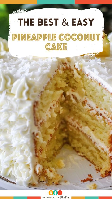 Whip up this heavenly Pineapple Coconut Cake for a slice of paradise right at home! Featuring moist layers infused with the tropical tastes of coconut and pineapple, this cake is a crowd-pleaser at any gathering. Topped with creamy frosting and a sprinkle of shredded coconut, it's as beautiful as it is delicious. Perfect for birthdays, holidays, or any day that needs a tropical touch. Pin this recipe now and bring a taste of the tropics to your table! Coconut Pineapple Cake From Cake Mix Boxes, Coconut Cream Cake Filling, Pineapple Coconut Cake Easy, Coconut And Pineapple Cake, Coconut Pineapple Dream Cake, Pineapple Coconut Dream Cake, Luau Dessert Ideas, Coconut Cake From Cake Mix Boxes, Pineapple Banana Cake