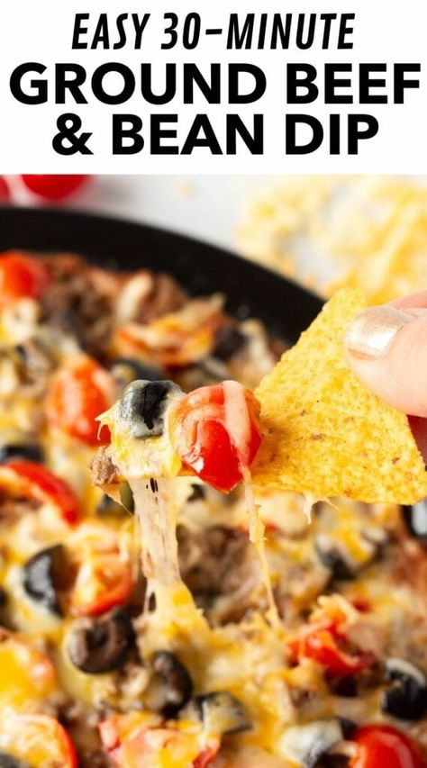 Quick 30-Minute Baked Ground Beef Bean Dip Beef And Bean Dip, Bean Dip With Ground Beef, Hamburger Bean Dip, Taco Dip With Beans, Queso Dip With Beans, Baked Bean Dip, Healthy Bean Dip, Bean And Bacon Soup, Pork Tamales