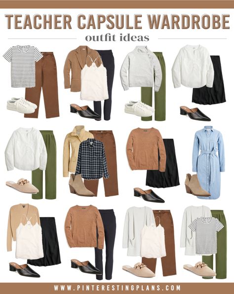 capsule wardrobe for teacher fall outfit ideas 2021 Capsule Wardrobe Teacher, Teacher Wardrobe Capsule, Teacher Capsule Wardrobe, Workwear Capsule Wardrobe, Winter Teacher Outfits, Workwear Capsule, Business Casual Dress Code, Teacher Outfits Fall, Teacher Wardrobe