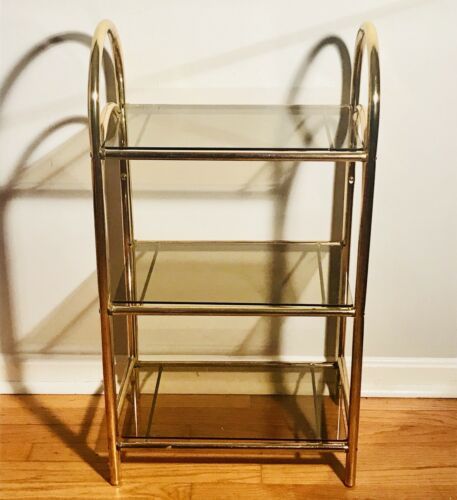 Vintage 80s Shelf Gold Forged Brass 3 Tier Smoked Glass Hollywood Regency MCM | eBay Vintage Apartment Decor Ideas, Old Hollywood Aesthetic Room, Vintage Hollywood Bedroom, 80s Decor Interior Design, Vintage Salon Decor, Vintage Glam Decor, Eclectic Grandma, Vintage Shelves, Vintage Apartment Decor