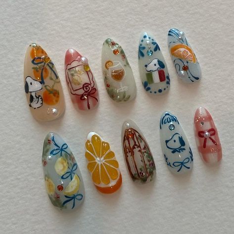 press on nails • nail design art | custom set ; snoopy’s italian summer | Instagram Summer Nails Press On, Nail Press On Designs, Italian Summer Nails, Nails Press On, Peanuts Nails, Shrimp Nails, Snoopy Nail Art, Italian Nails, Nail Art Trending