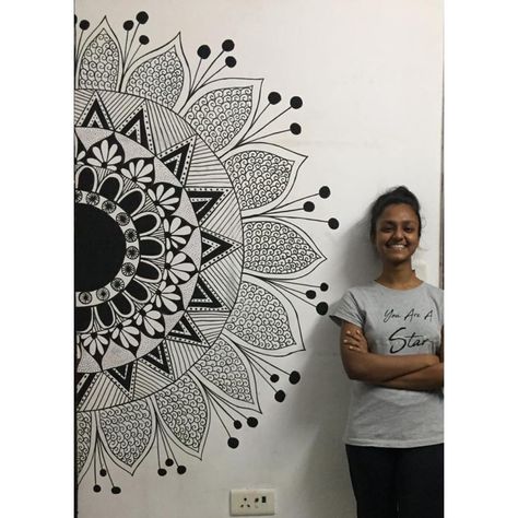 The process is so immersive and totally worth it. 💫  #mandalas #mandaladrawing #wallpainting Mandala For Wall Painting, Wall Painting Ideas Mandala Art, Wall Mandala Art Bedrooms, Doodle Art On Wall, Mandala Drawing On Wall, Mandala Wall Art Bedrooms, Black And White Wall Painting Ideas, Mandala Art Wall Painting, Wall Mandala Painting