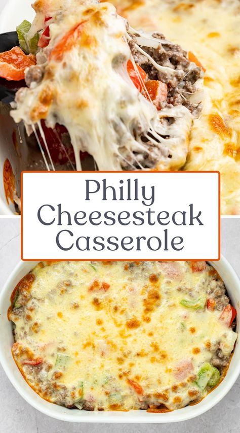 This Philly cheesesteak casserole is super easy, extra cheesy, and delicious! Savory ground beef, sweet bell peppers, and tangy cream cheese create the base for this simple recipe. This Philly cheesesteak casserole is topped with a layer of provolone cheese, then baked to melty, cheesy perfection! Philly Cheesesteak Casserole, Best Philly Cheesesteak, Cheesesteak Casserole, Steak Casserole, Casserole Keto, Philly Cheese Steak Casserole, Yummy Casserole Recipes, Ground Beef Casserole Recipes, Weekend Days