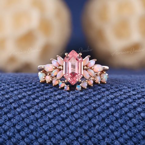 Classic Long Hexagon Shaped Papalacha Engagement Ring Set Rose Gold Vintage Opal Wedding Ring Bridal Set Rings Anniversary Gifts For Women Jewelry Information: ♡ Handmade, high-quality item ♡ Material: SOLID 14K/18K GOLD ( can be made in yellow/white/rose gold ) ♡ Center stone: lab grown sapphire ♡ Size/Weight:  6x11mm ♡ Cut - Long Hexagon cut ♡ Color: Pink ♡ Side stone: Natural Opal ♡ Cut - Marquise Shaped ♡ Band Width: Around 1.8mm Wedding Band ♡ Center stone: Natural opal ♡ Cut - Round cut ♡ Moon Stone Engagement Ring Vintage, Wedding Rings Engagement Rose Gold, Vintage Wedding Ring Set, Colorful Wedding Ring, Bridal Set Rings, Opal Wedding Ring Set, Gemstone Wedding Ring, Opal Wedding Ring, Rings Anniversary