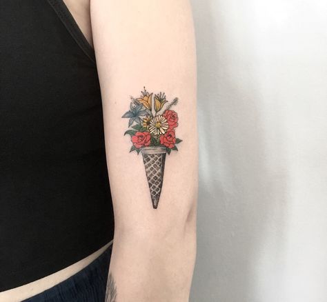 Bowl Of Ice Cream Tattoo, Ice Cream Tattoo, Food Tattoo, Ice Cream Flower, Random Tattoos, Cream Tattoo, Americana Tattoo, Food Tattoos, Tattoos For Lovers