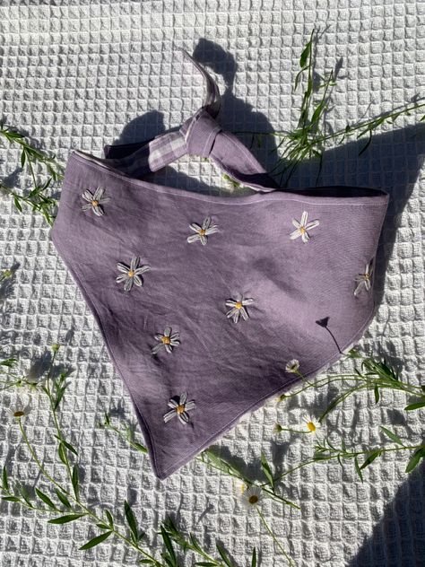 Purple linen bandana with embroidered daisies. Cottagecore Bandana, Linen Bandana, Bandana Diy, Embroidered Bandana, Bandanas Diy, Embroidery Things, Newcastle Australia, Cuddling On The Couch, Hand Printing