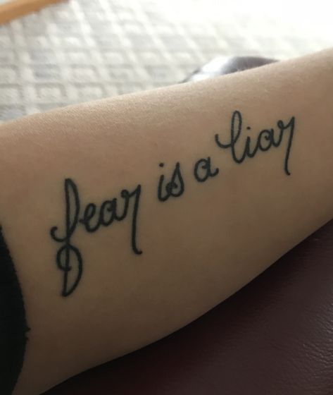 My newest tattoo - Fear is a Liar.  It’s a wonderful daily reminder for me Fear Is A Liar Tattoo, Liar Tattoo, Fear None Tattoo, Fear Is A Liar, God Tattoos, Awesome Tattoos, List Of Artists, Letter Stencils, S Tattoo