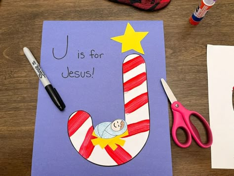 J is for Jesus Candy Cane Art - Faith-filled Fun Jesus Preschool Crafts, Jesus Candy Cane, J Is For Jesus, Jesus Christmas Crafts, Nativity Crafts For Kids, Candy Cane Art, Craft Nativity, Jesus Preschool, Letter J Crafts