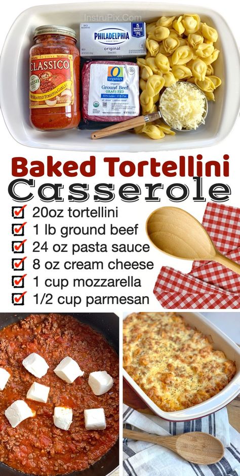 One easy ground beef dinner casserole that's perfect for a family with kids is this beef and tortellini casserole! If you have picky eaters at home, then you know that meal time can be a struggle. It's not easy making all the kids happy. Until now! You can't go wrong with this cheesy and delicious dinner casserole. It's simple to make with basic ingredients: 1 pound ground beef, tortellini pasta (fresh or frozen), cream cheese, pasta sauce, and mozzarella! It makes enough for a large family. Hamburger Tortellini, Meals That Kids Love, Pasta Recipes Tortellini Easy Dinners, Make Ahead Meals For Family, Tortellini Ground Beef Cream Cheese, Cream Cheese Meals Dinners, Cheese Tortellini Bake Ground Beef, Beef And Parmesan Tortellini, Ground Beef Tortellini