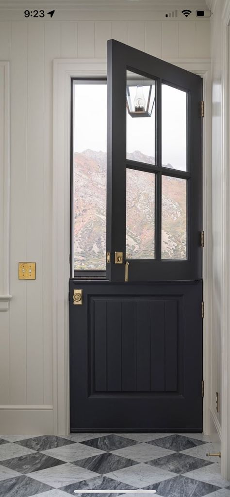 Black Dutch Door, Mudroom Exterior, Black Mudroom, Door In Kitchen, Laundry Mudroom, Dutch Door, House Remodel, In Kitchen, Exterior Doors