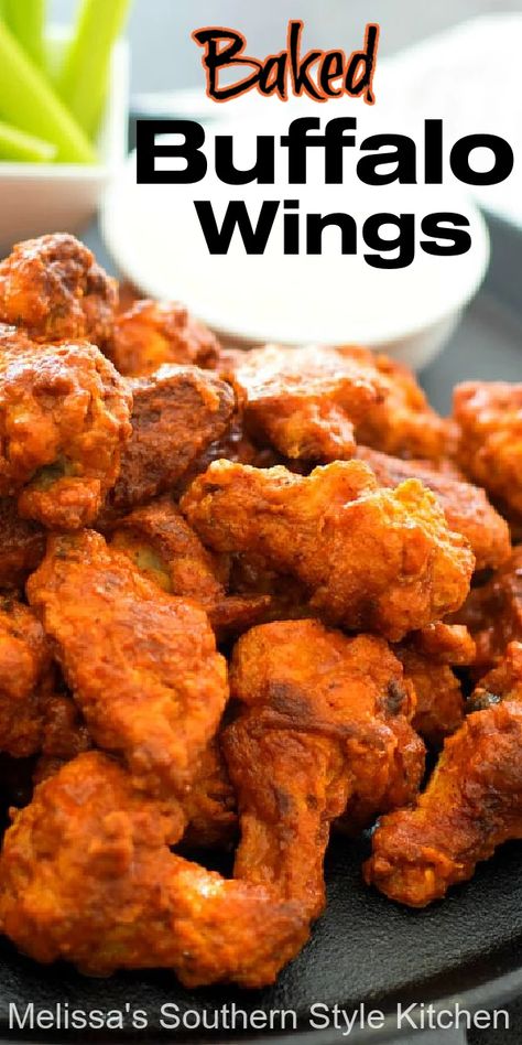 Skip the oil and make this crispy Baked Buffalo Wings Recipe in the oven in a snap #wings #buffalowings #chickenwings #bakedbuffalowings #chicken #chickenrecipes #easywings #easyrecipes #partyfood #appetizer #classicbuffalowingsrecipe #southernrecipes #bestbuffalowingsrecipe #southernfood #melissassouthernstylekitchen Breaded Hot Wings, Buffalo Wings Recipe Oven, Baked Breaded Chicken Wings, Buffalo Chicken Wings In The Oven, Buffalo Seasoning Recipe, Buffalo Wings Recipe Baked, Wing Sauces, Buffalo Wings Recipe, Wings Recipe Baked