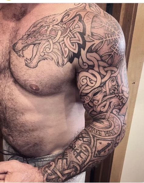 Celtic Warrior Tattoos, Upper Arm Tattoos For Guys, Upper Shoulder Tattoo, Celtic Wolf Tattoo, Piercings And Tattoos, Celtic Sleeve Tattoos, Viking Tattoos For Men, Traditional Viking Tattoos, Fenrir Tattoo