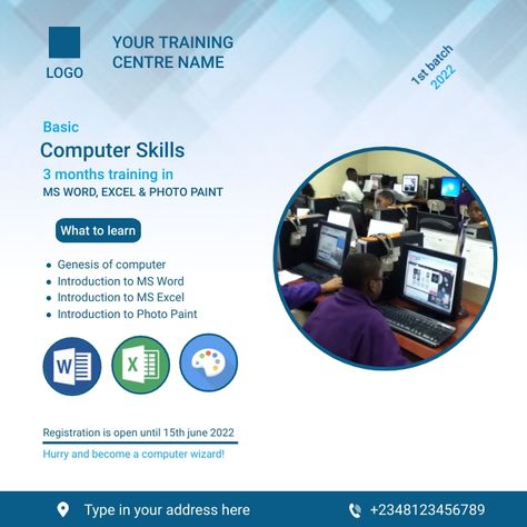 2,010+ customizable design templates for ‘computer training’ Computer Training Flyer Design, Educational Instagram Post, Training Flyer Design, Computer Business, Computer Center, Teaching Computers, Flex Banner Design, Facebook Post Design, Computer Training