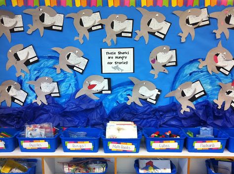 Sharks Shark Bulletin Board Ideas, Shark Bulletin Board, Under The Sea School Theme, Ar Bulletin Boards, Elementary School Library Ideas, 2024 Classroom, Shark Board, Shark Activities, Snail And The Whale