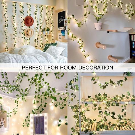 Amazon.com: suddus Vine with Fairy Lights Battery Operated, 33ft 100 LED Ivy String Lights with Remote, Leaf Lights for Bedroom, Room, Wall, Garden, Party, Wedding Decor (Warm White) : Home & Kitchen Leaf Lights, Christmas Tree Garland, Tree Garland, Wall Garden, Flower Green, Green Leaf, Battery Operated, Bedroom Makeover, Fairy Lights