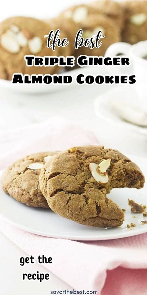 These triple ginger-almond cookies are the ultimate of ginger cookies.  They are packed with flavor from ground ginger, fresh ginger and crystallized ginger with an added crunch from chopped almonds. Triple Ginger Cookies Recipe, Crystalized Ginger, Ginger Cookie Recipes, Crystallized Ginger, Best Christmas Desserts, Brown Sugar Cookies, Ultimate Cookies, Ginger Cookies, Sweet Cookies