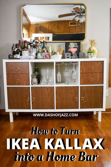 Create your own budget-friendly customized home bar cabinet or sideboard with these IKEA Kallax home bar hacks that DIYers of any experience level can pull off. Turn IKEA Kallax into a home bar with this tutorial by Dash of Jazz #dashofjazzblog #IKEAhacks #IKEAKallax #DIYbarcabinet #ikeakallaxbarcart Ikea Bar Cabinet, Ikea Buffet, Diy Bar Cabinet, Upcycle Home, Apartment Bar, Ikea Bar, Bookcase Bar, Home Bar Cabinet, Diy Home Bar