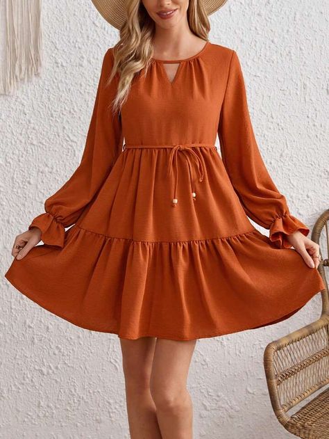 SHEIN VCAY Keyhole Neckline Flounce Sleeve Ruffle Hem Belted Dress | SHEIN USA Family Picture Outfits, Keyhole Neckline, Picture Outfits, Flounce Sleeve, Solid Dress, Family Pictures, Belted Dress, Ruffle Hem, Dress P