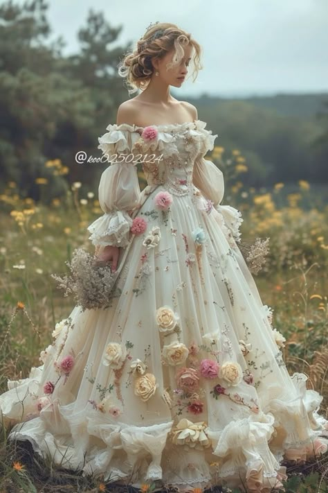 Floral Ball Gown Fairytale, Floral Ballroom Dress, Magical Ball Gown, Flower Themed Dress, White Princess Dress Fairytale, Dreamy Dress Fairy Tales, Cottagecore Gowns, Fairy Wedding Dress Woodland, Fairycore Ballgown