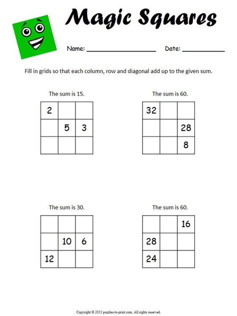 Get your students and kids started with magic squares and soon they will be whizzing through addition problems.  Magic squares are the fun way to practice math. Magic Squares Math, Square Worksheet, Math Logic Puzzles, Math Magic, Magic Squares, Number Puzzles, Magic Box, Logic Puzzles, 1st Grade Math