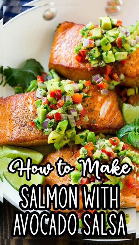 Salmon With Avocado, Nutritious Dinner, Salmon With Avocado Salsa, Avocado Salsa, Everyday Food, Tomato Salsa, Salmon Burgers, Gluten Free Recipes, Avocado