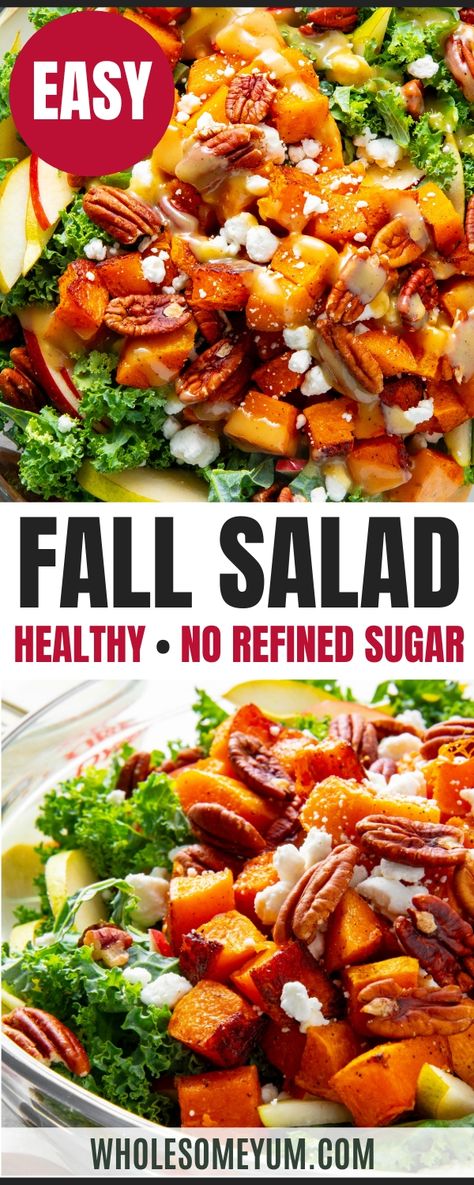 My easy fall salad recipe with roasted butternut squash, apples, pears, goat cheese, & maple tahini dressing is the best of autumn in a bowl. Butternut Kale Salad, Fresh Carrot Salad, Fall Squash Salad, Easy Fall Salad Ideas, Kale And Brussels Sprout Salad, Maple Salad Dressing Recipes, Heart Healthy Thanksgiving Side Dishes, Cold Thanksgiving Salads, Fall Spinach Salad Recipes