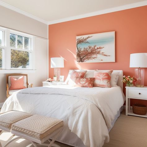 7 Colors That Go Well With Coral - Rhythm of the Home Coral Feature Wall Bedroom, Coral And White Bedroom, Coral Colored Decor, Happy Colors For Bedroom, Coral Master Bedrooms Decor, Coral Pink Bedroom Ideas, Coral Aesthetic Color, Coral Beach Bedroom, Colors That Go With Coral