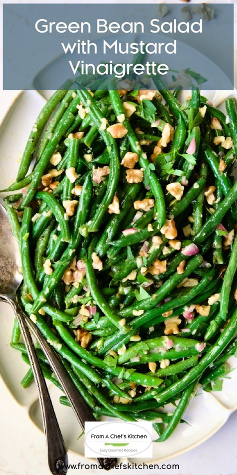 Green Bean Salad Recipe with Mustard Vinaigrette Green Beans With Dijon Mustard, Green Bean Vinaigrette, Roasted Green Bean Salad, Easy Green Salad Recipes Simple, Fresh Green Beans Salad, Green Beans With Walnuts Recipe, String Bean Salad Recipes, Raw Green Bean Salad, Green Salad Recipes For Dinner Side